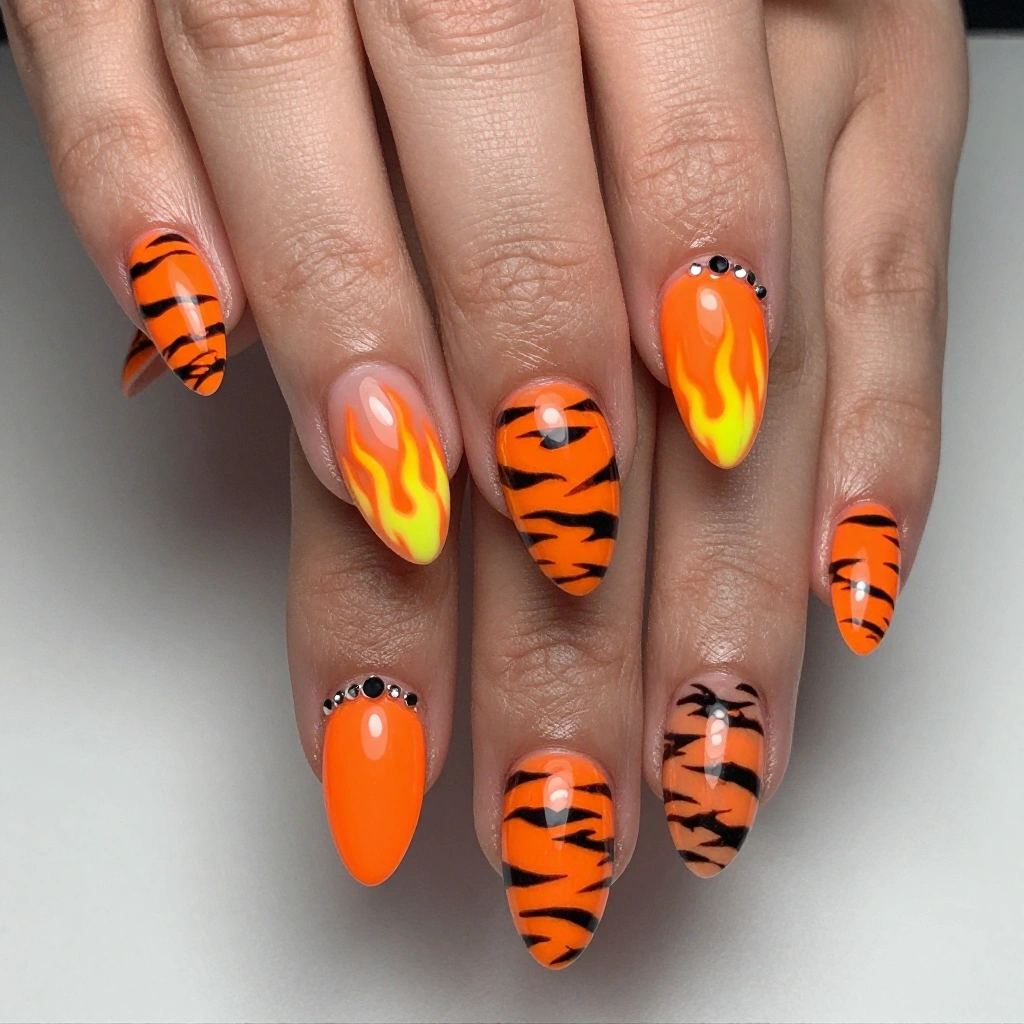 Neon Orange Tiger Print Almond Nails