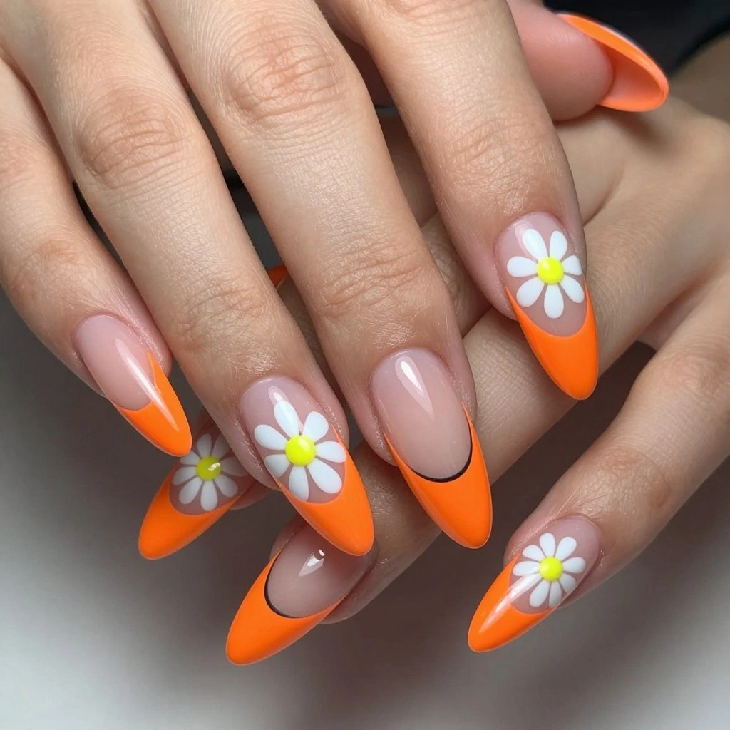 Neon Orange and White French Tip Stiletto Nails

