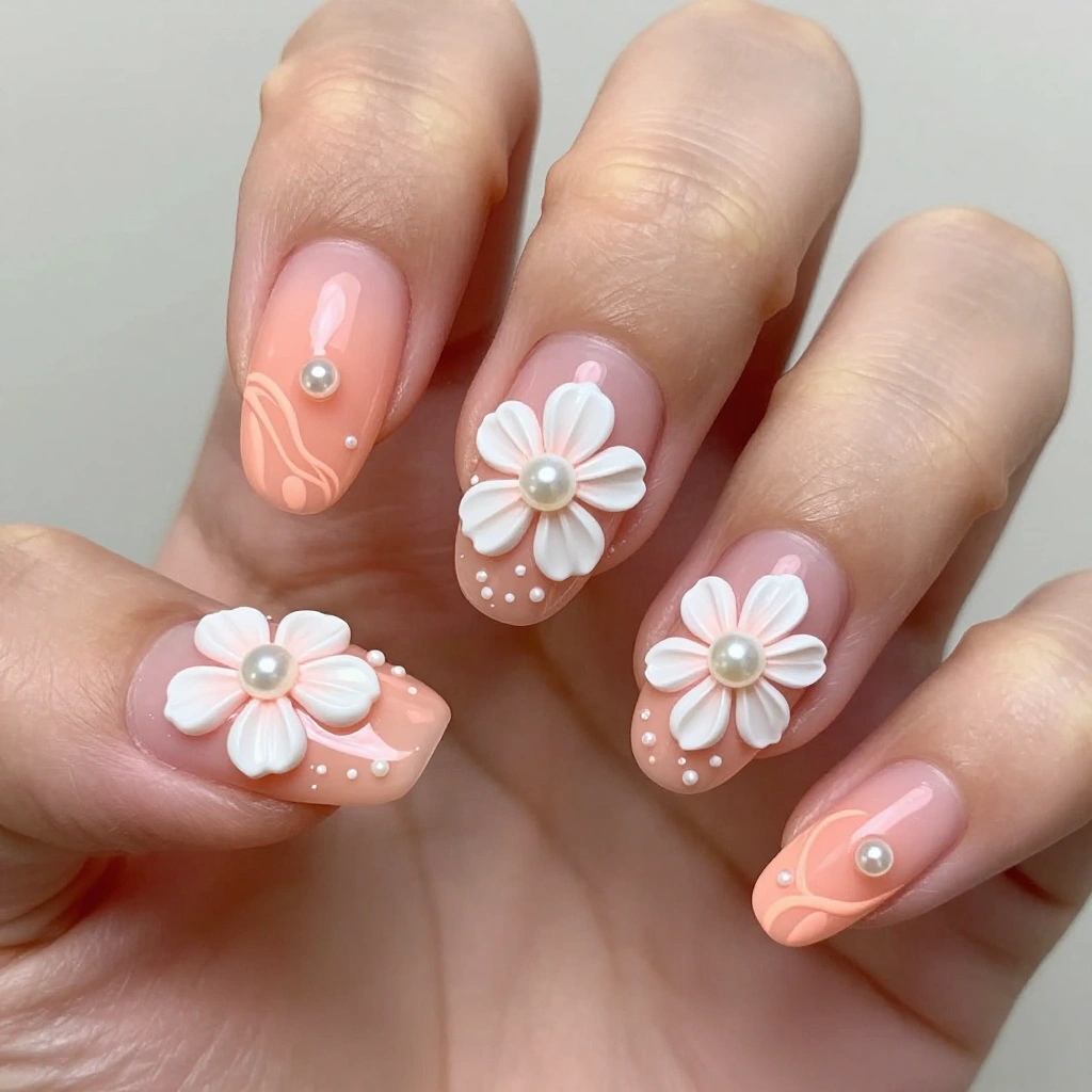 Neon Peach Floral 3D Nails with Pearls