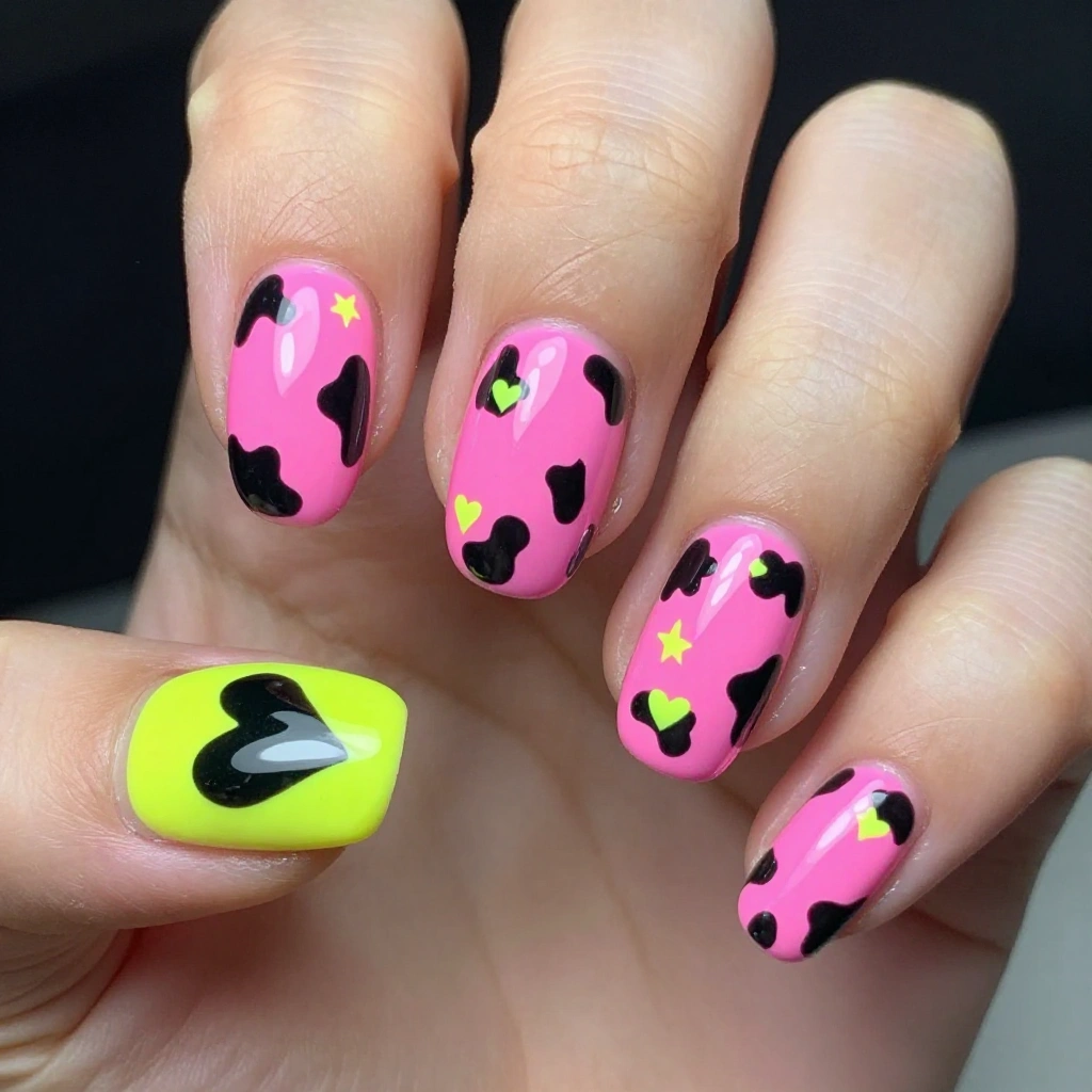 Neon Pink Cow Print Oval Nails