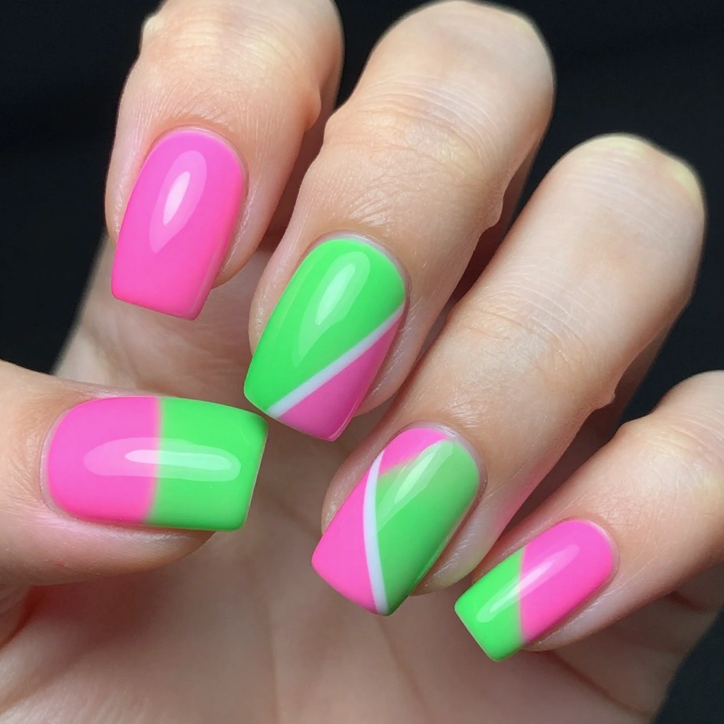 Neon Pink and Green Color Block Square Nails