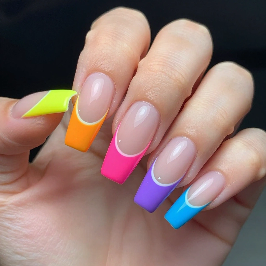 Neon Rainbow French Tip Coffin Nails