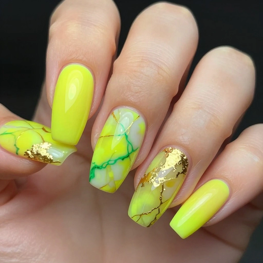 Neon Yellow Marble Coffin Nails