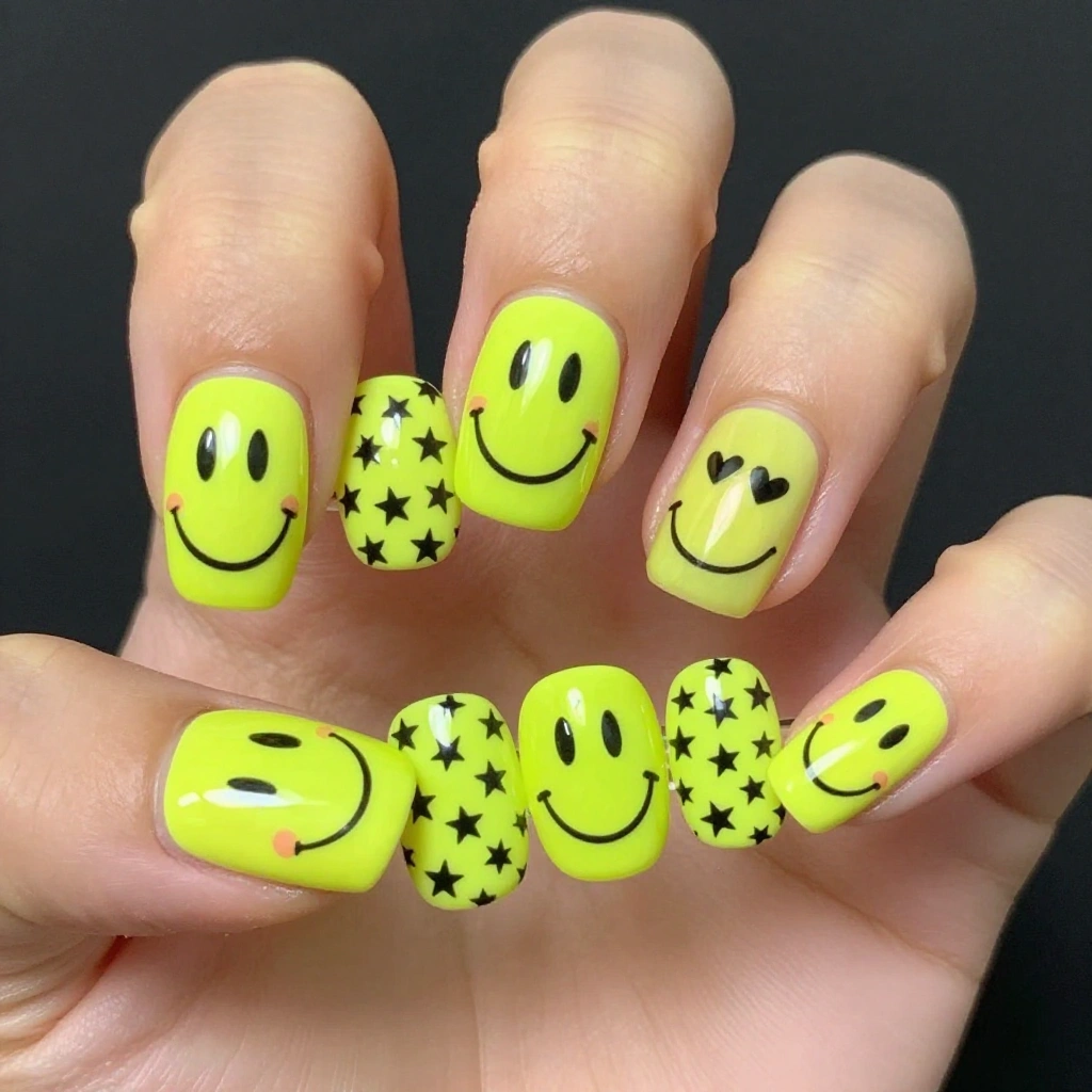 Neon Yellow Smiley Face Press-On Nails