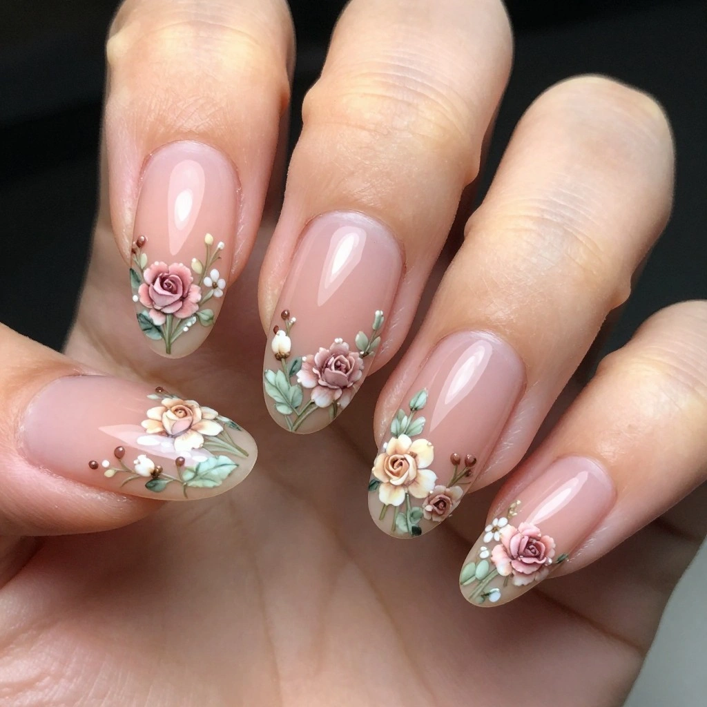 Nude Acrylic Nails with Micro Floral Hand-Painted Art