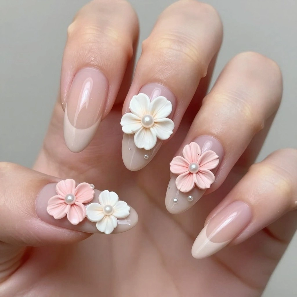 Peach Blossom Almond Nails with 3D Flowers