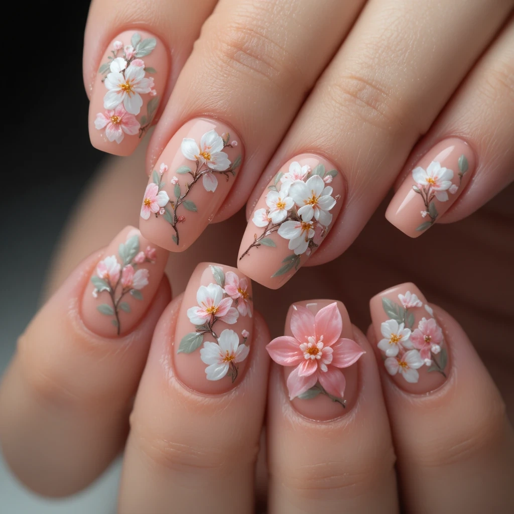 Peach Blossom Floral Nails with 3D Petal Art