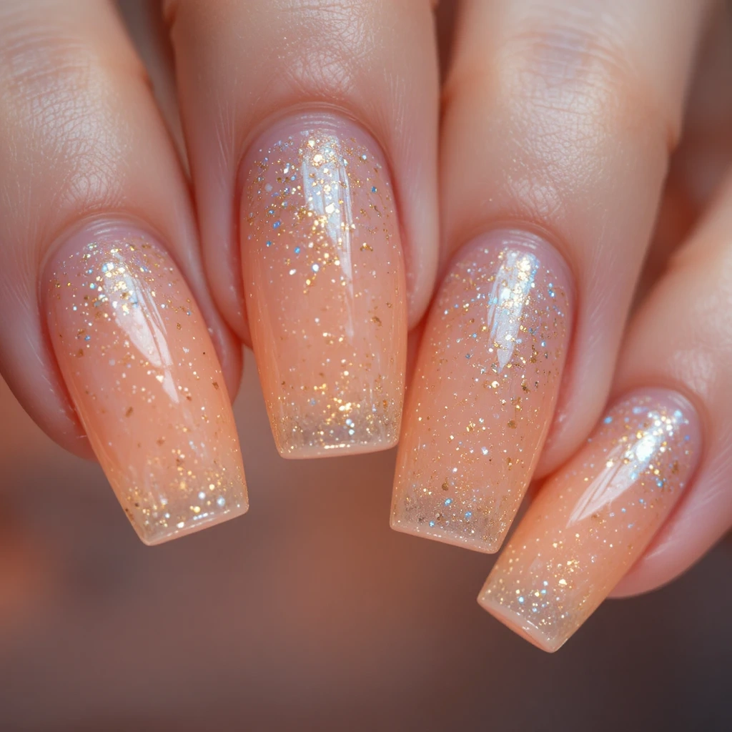 Peach Jelly Nails with Floating Glitter
