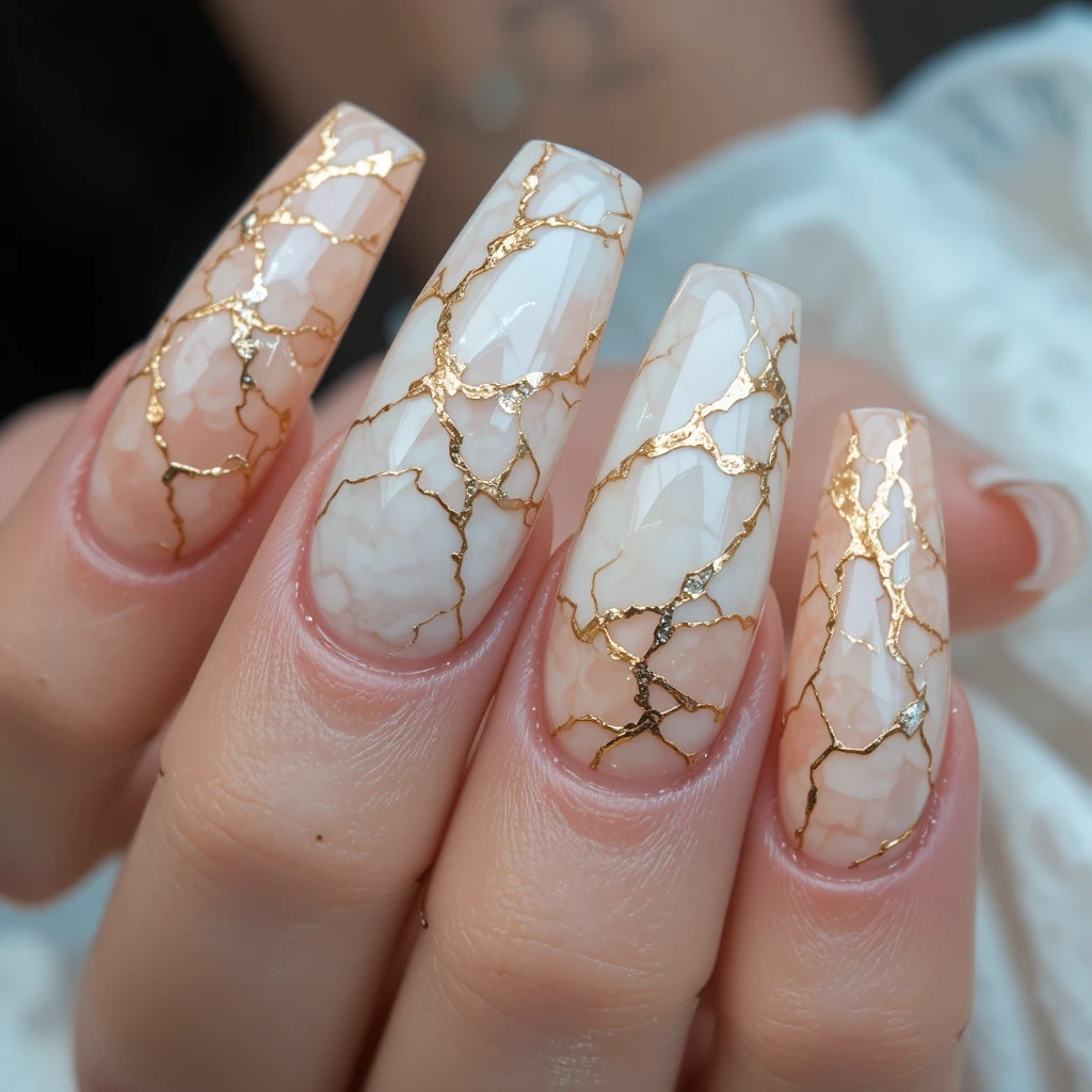 Peach Marble Nails with Gold Veining