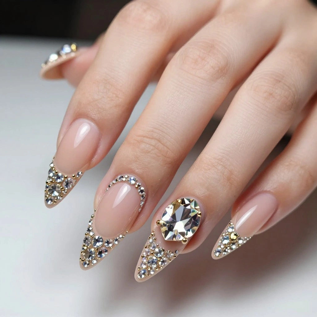 Peach Nails with Rhinestone French Tip Embellishments