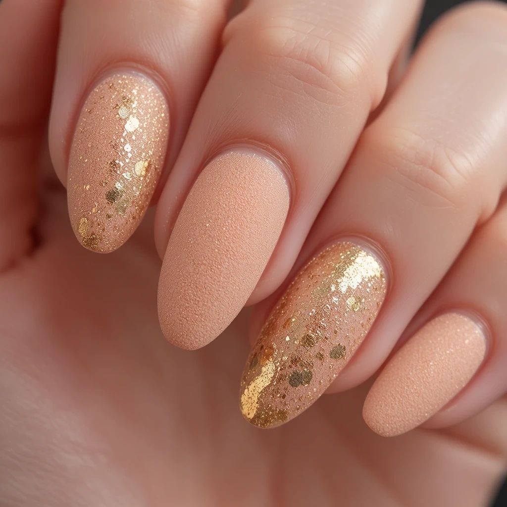 Peach Velvet Nails with Gold Foil Accents