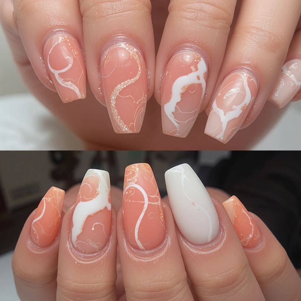 Peach and White Swirl Abstract Nails