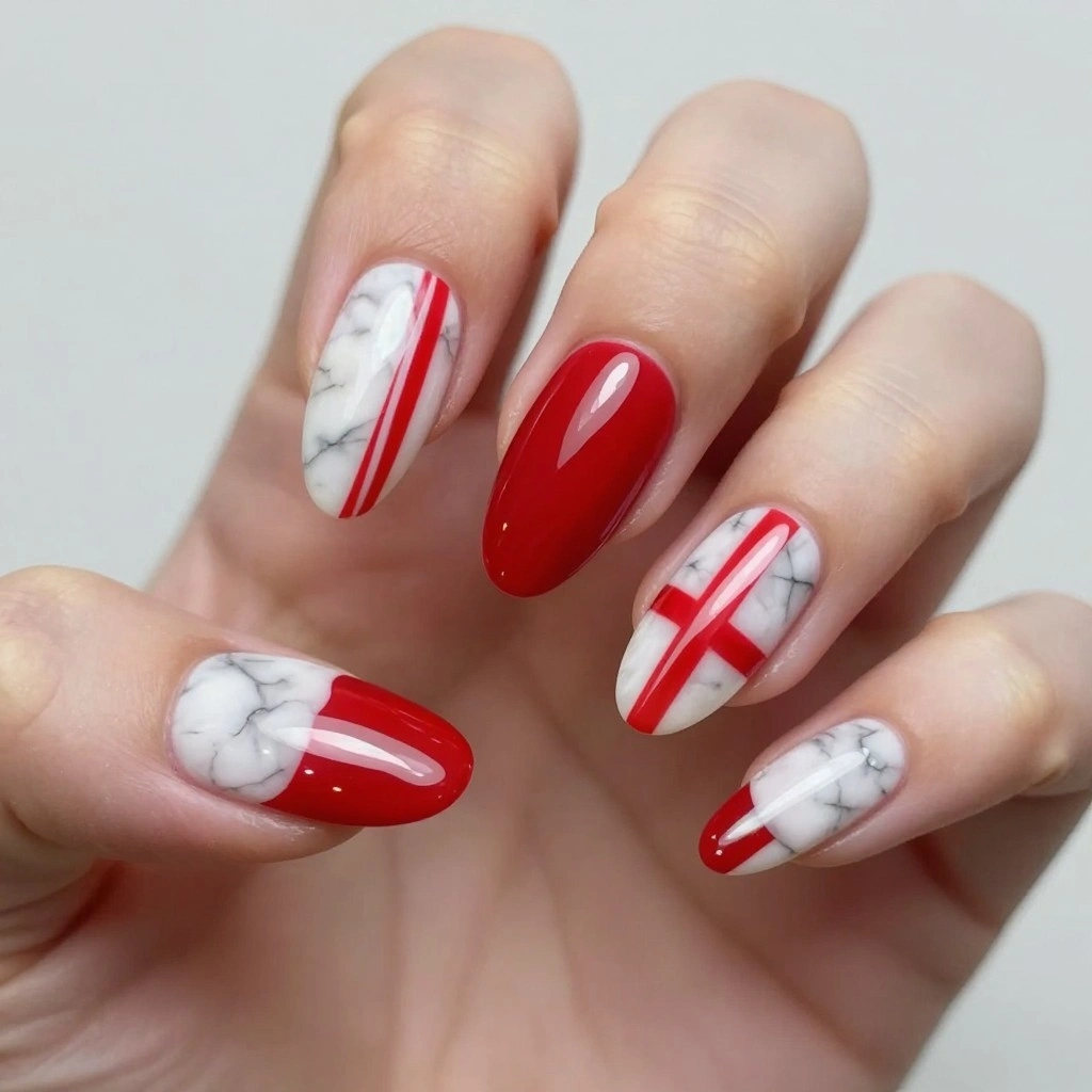 Racing Red & White Marble Nails