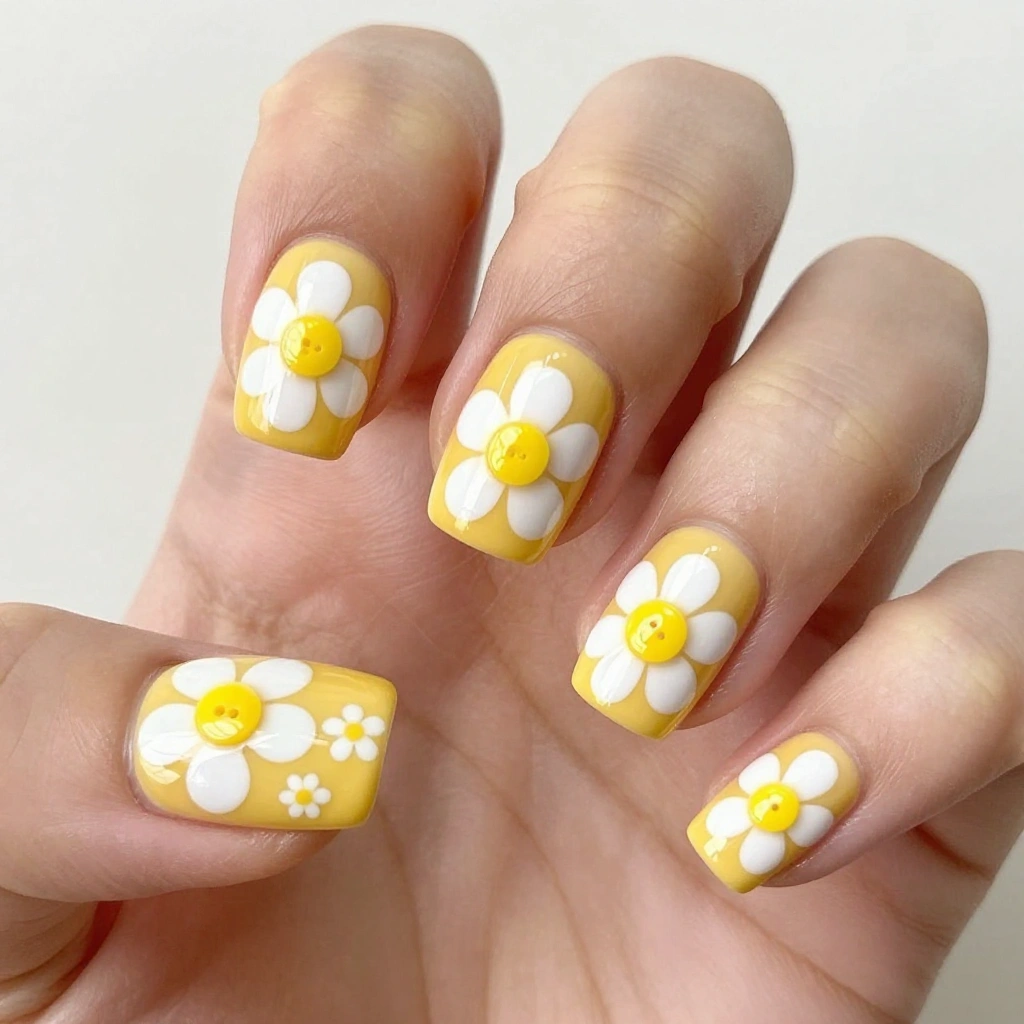 Retro Daisy August Nails with Yellow Base
