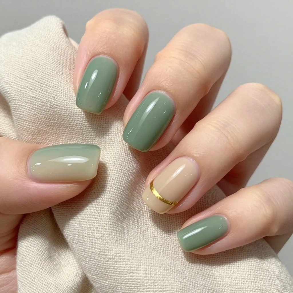 Sage Green Glazed Nails with Warm Beige