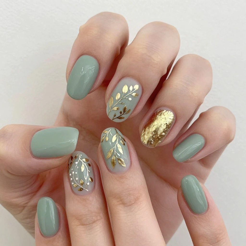 Sage Green and Gold Botanical Leaf Wedding Nails