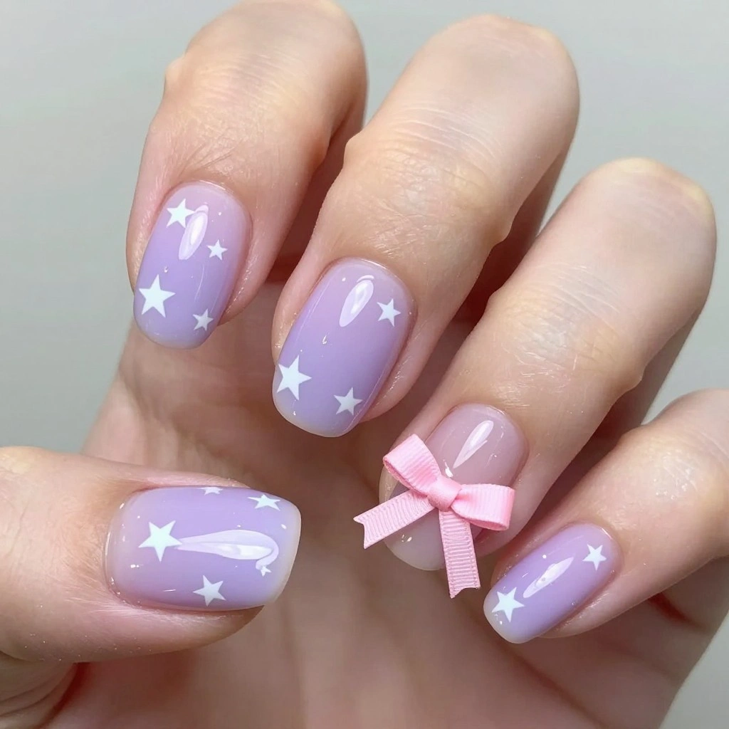 Soft Lavender Star and Bow Short Nails