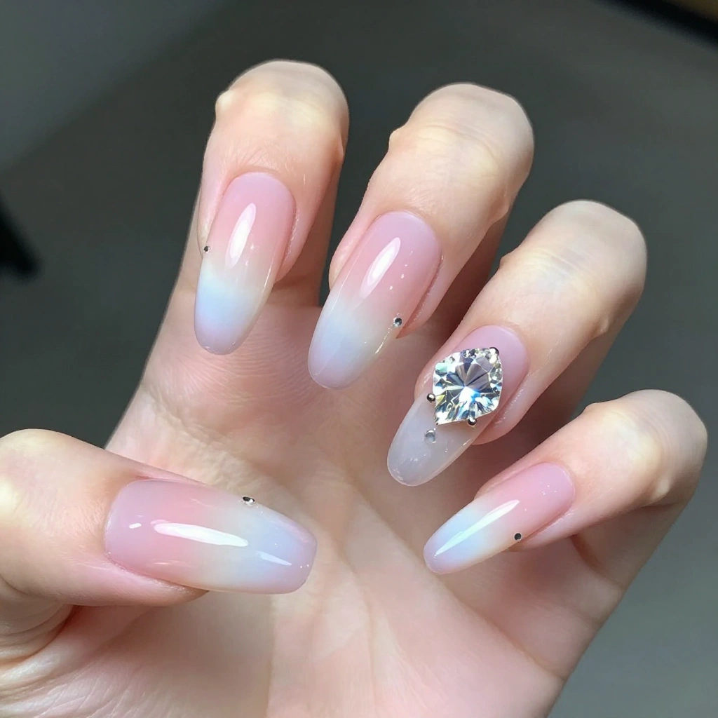 Soft Pink Aura Nails with Floating Diamond Gems