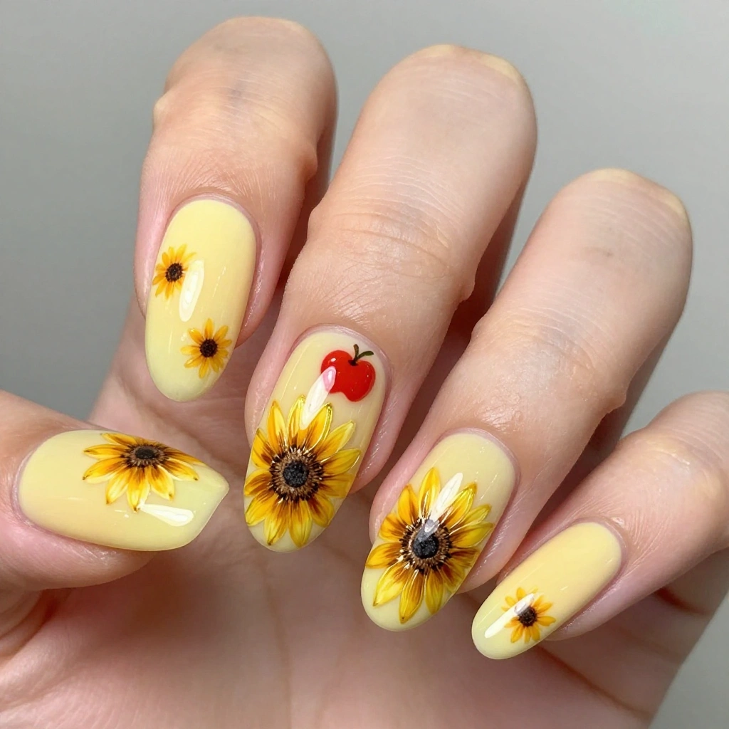 Soft Yellow Sunflower Almond Nails