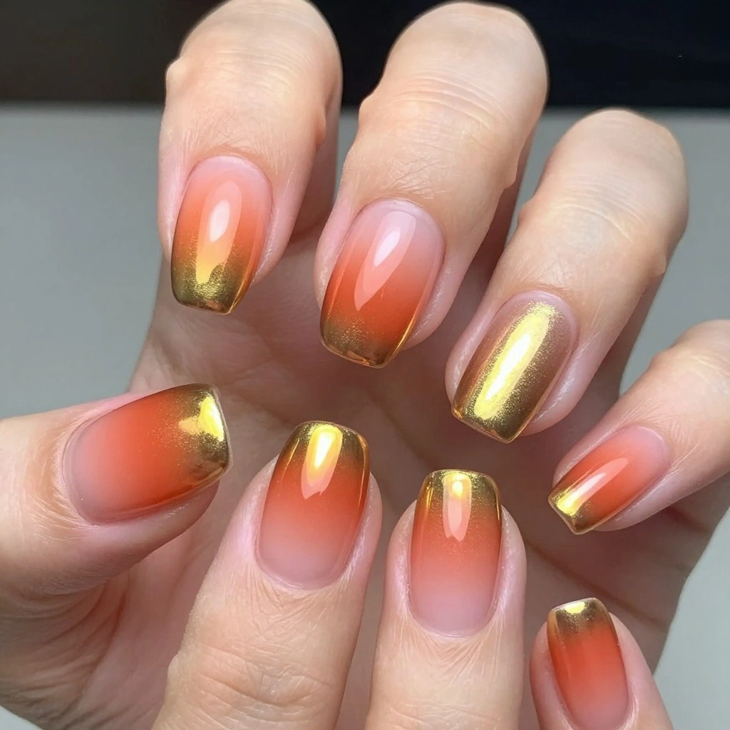 Sunset Gradient Chrome Short Nails