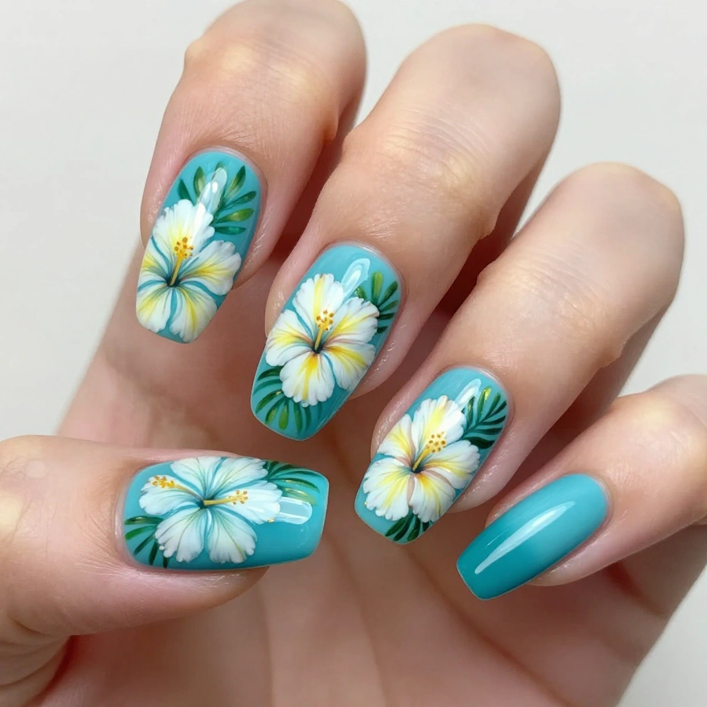 Tropical Ocean Floral Nail Design