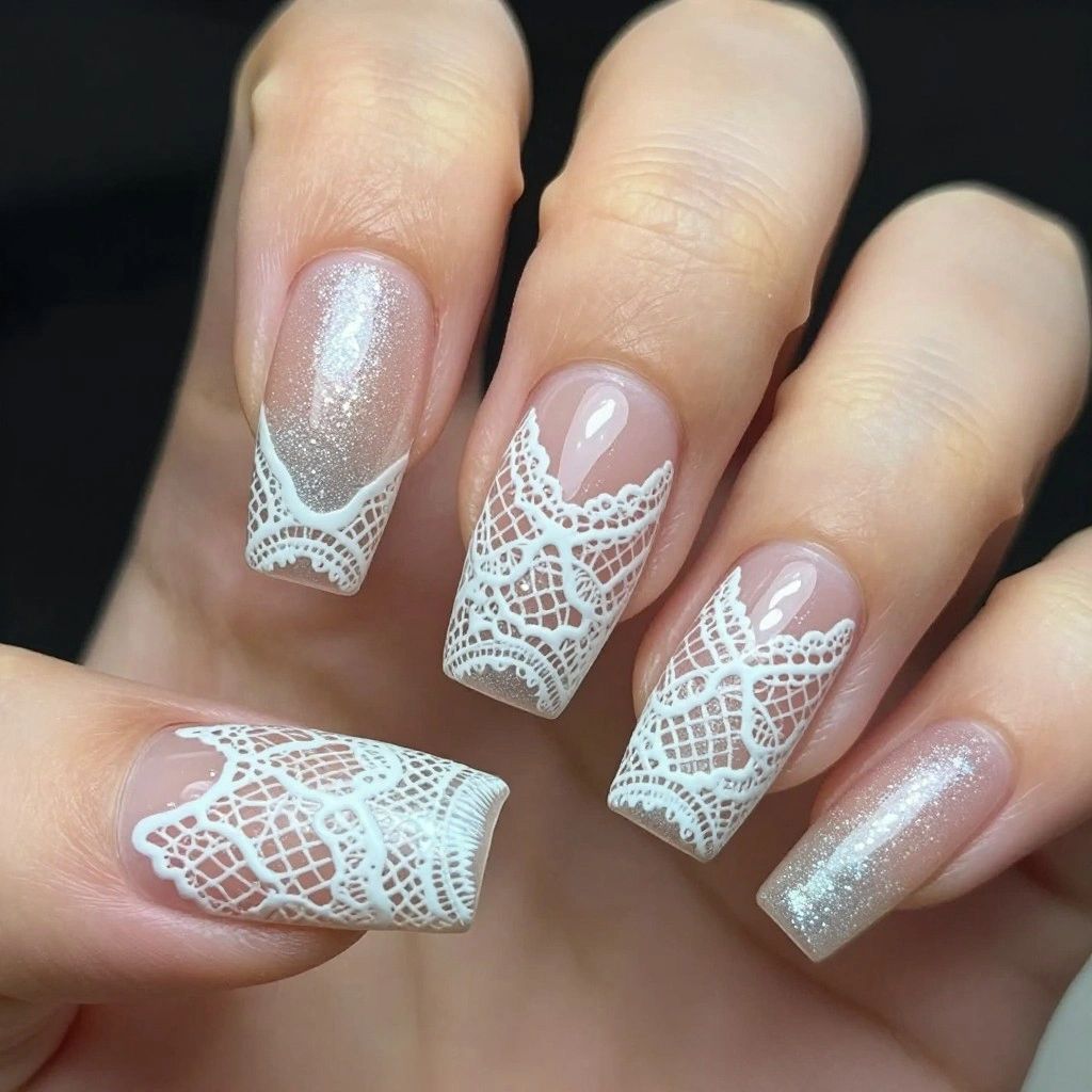 Vintage Lace Stamped Wedding Nails in Nude and White