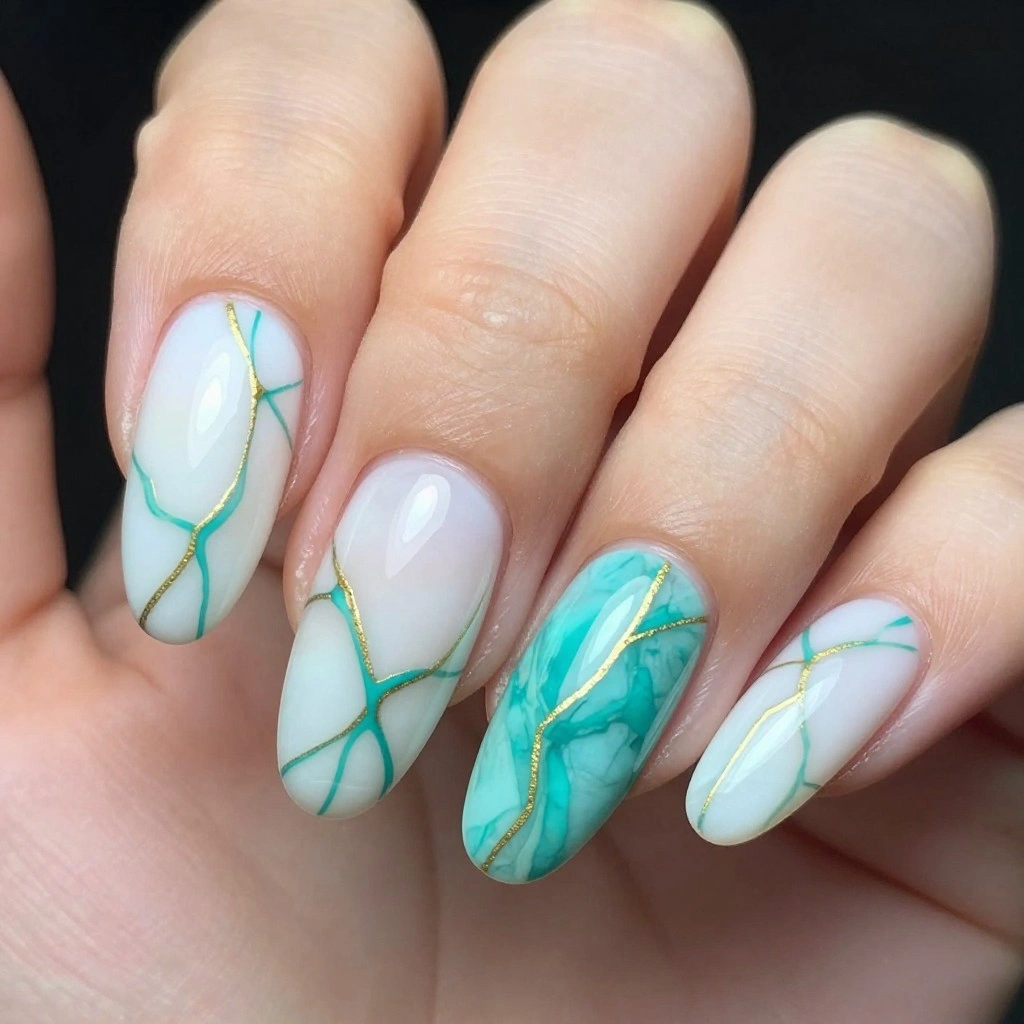 White Marble Almond Nails with Turquoise Veining
