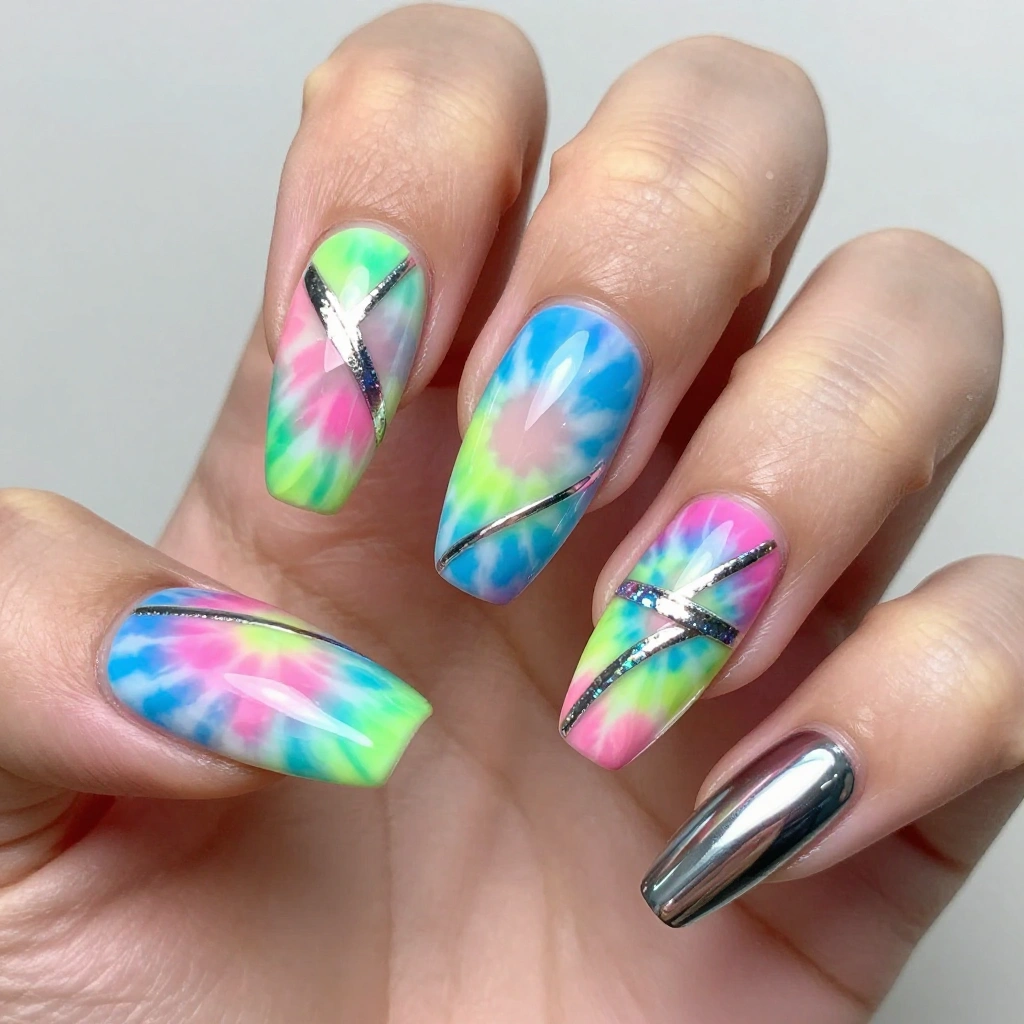 Y2K Tie Dye Nails with Chrome Accents