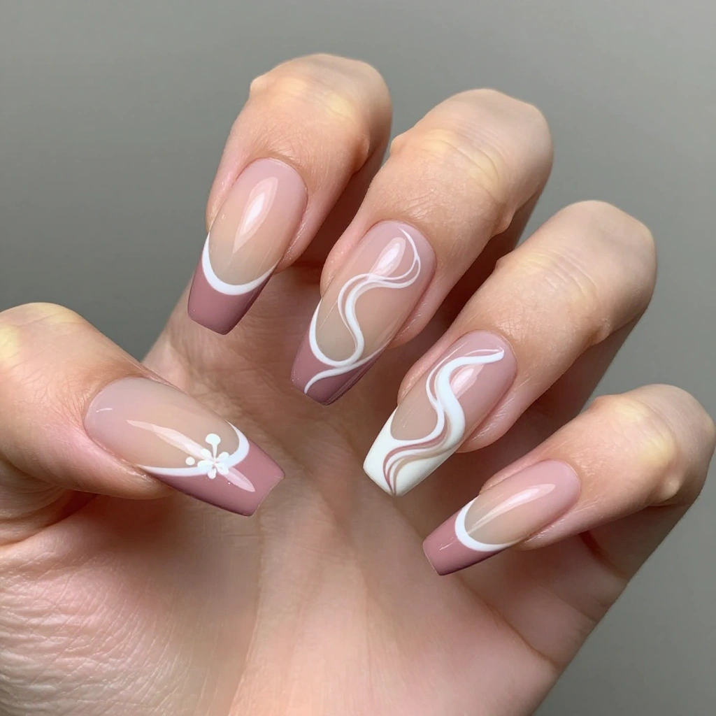 Dusty Rose French Tips with Swirl Nail Art
