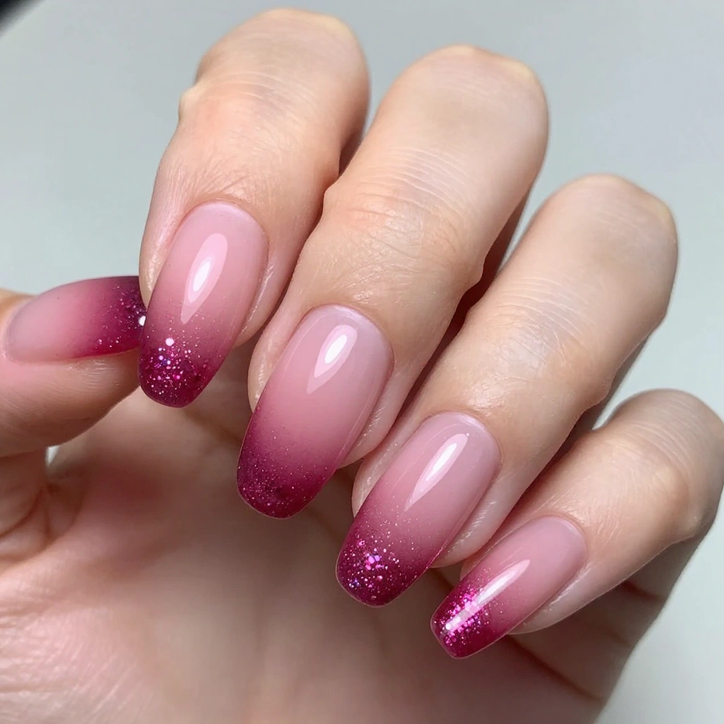 Almond Nails with Berry Ombre and Glitter Tips