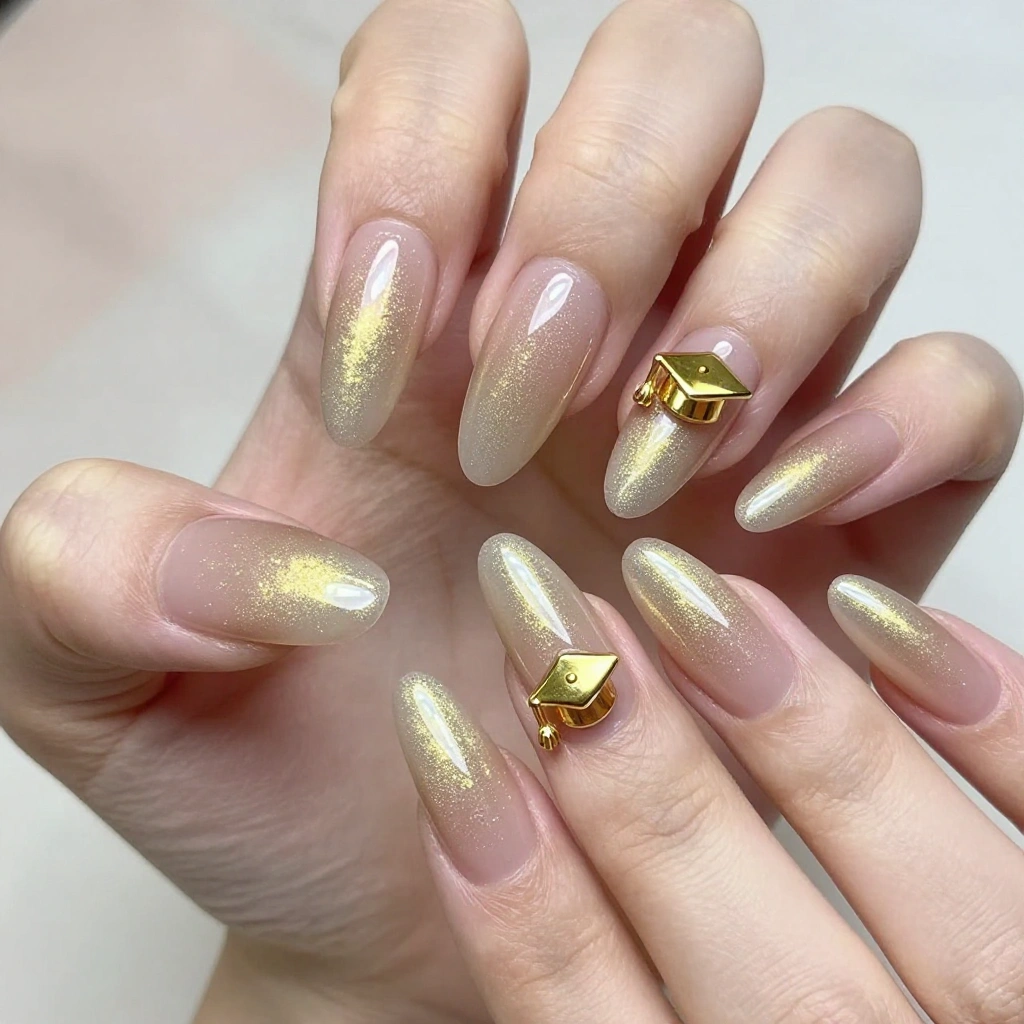 Almond Nails with Gold Graduation Cap Charms