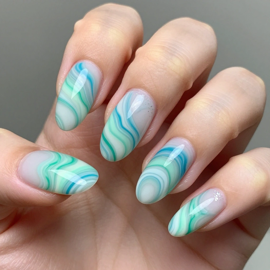 Aqua Marble Swirl Nail Design