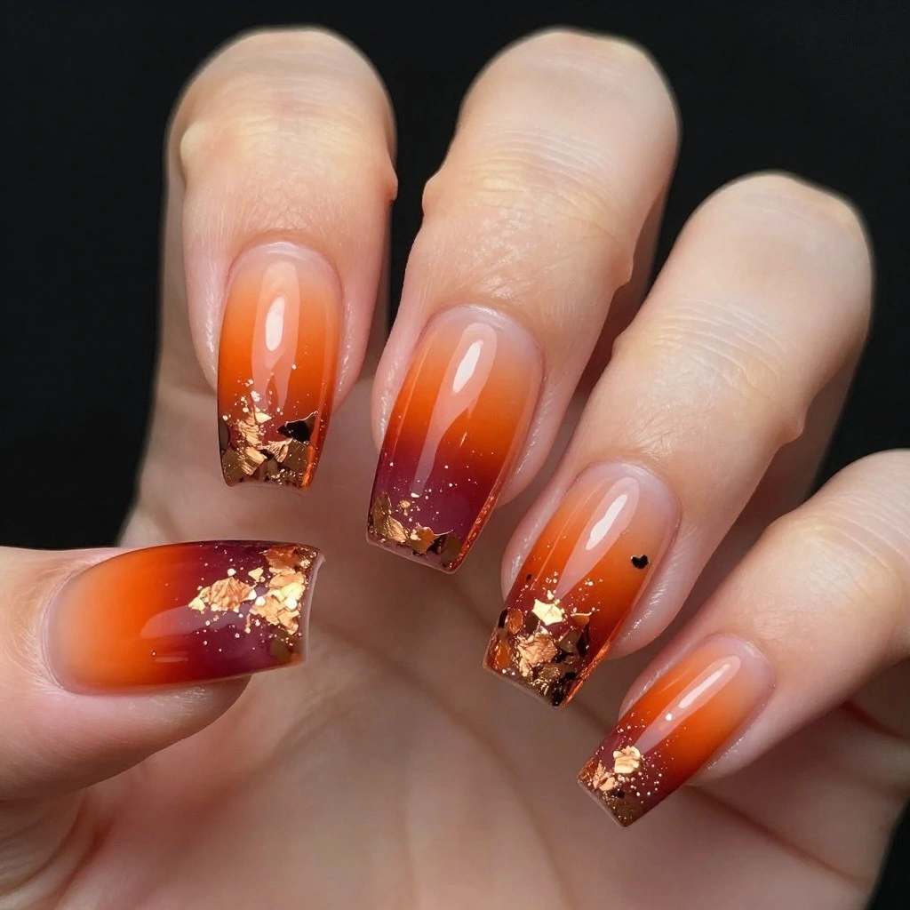 Autumn Sunset Coffin Acrylic Nails with Foil