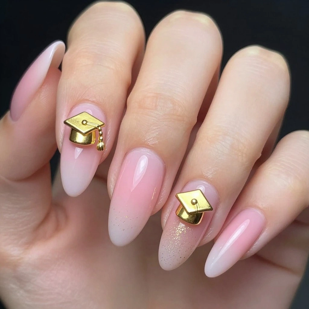 Baby Pink Almond Nails with Gold Cap Charm