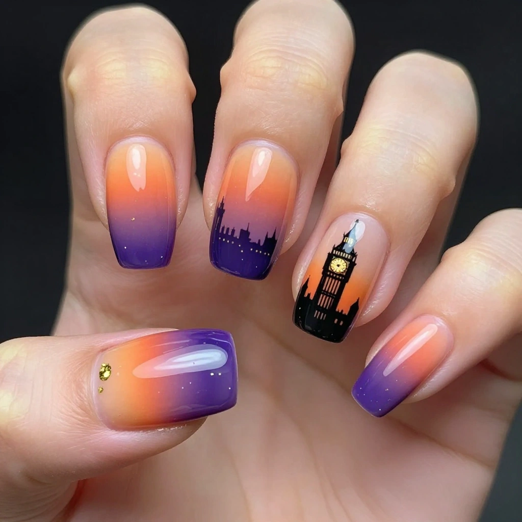 Big Ben Sunset Silhouette Nails
