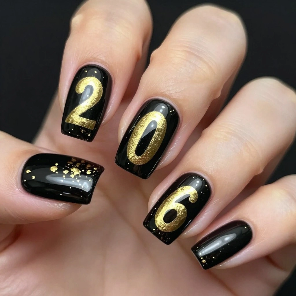 Black Square Nails with Gold Class Year Lettering