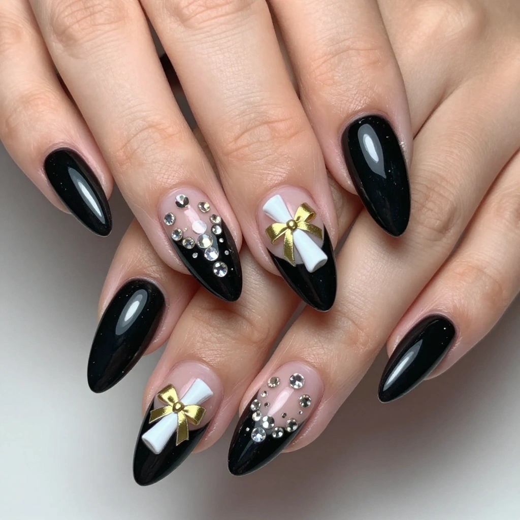 Black Stiletto Nails with Rhinestone Diploma Art