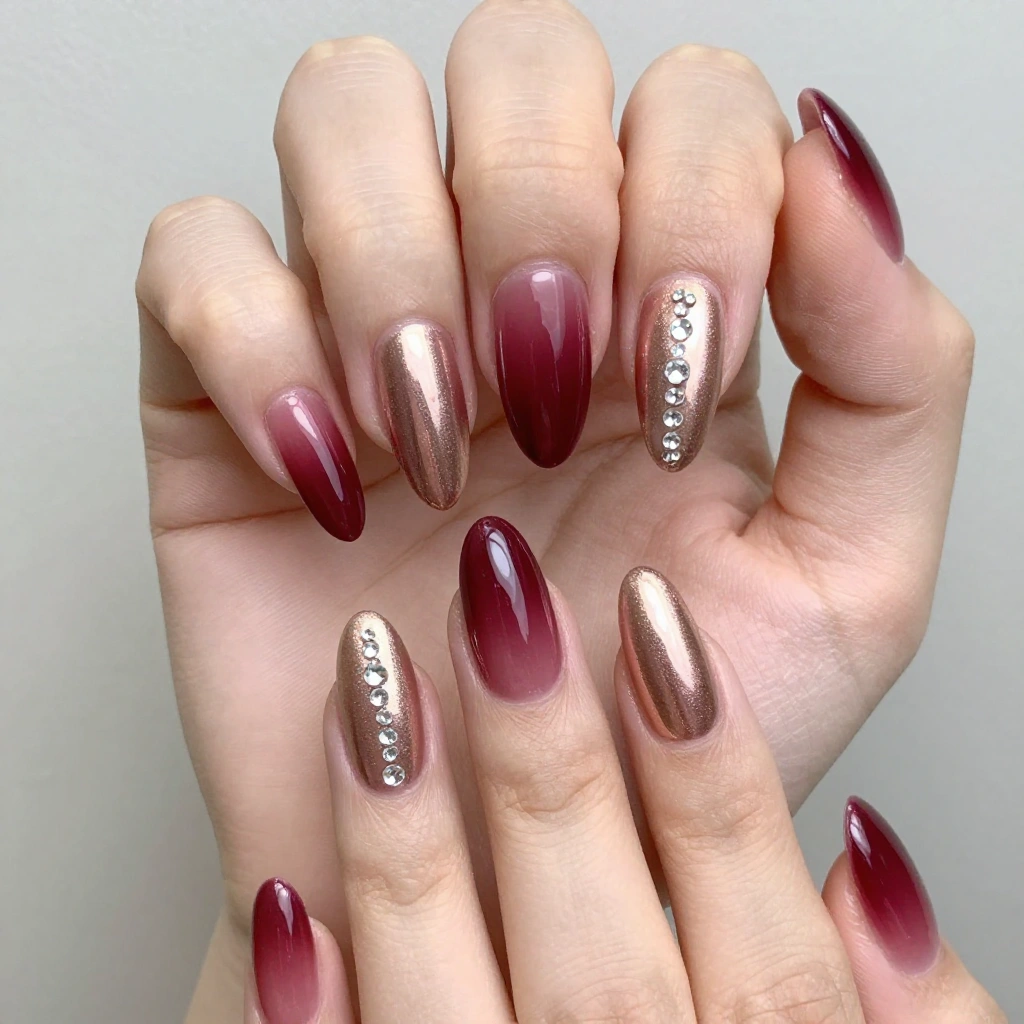 Bold Almond Nails with Metallic Ombre and Rhinestones