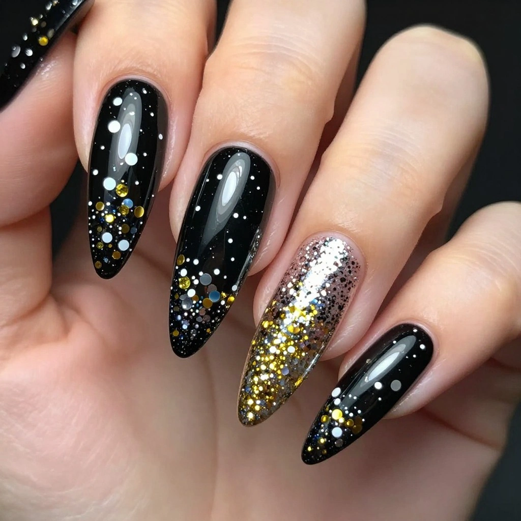 Bold Stiletto Nails with Confetti and Glitter Celebration Art