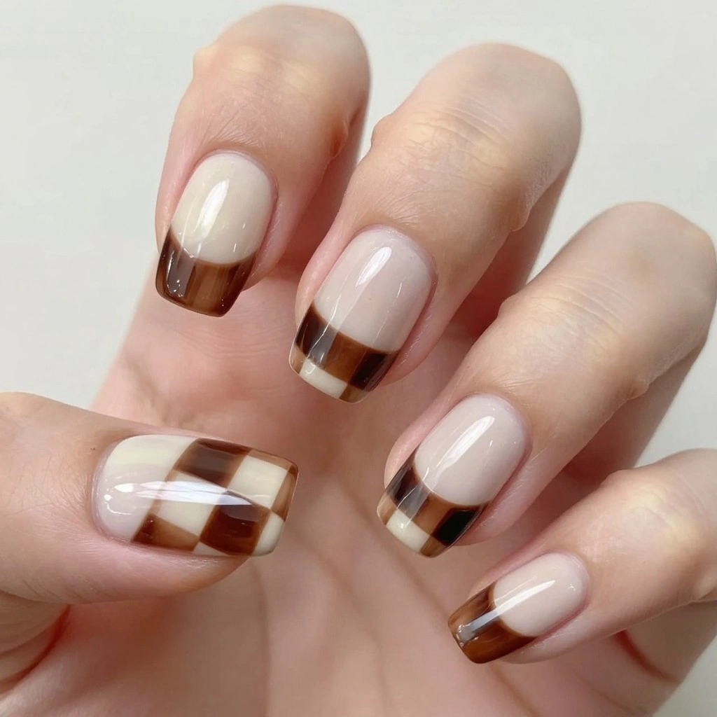 Brown Checkerboard Art Nails