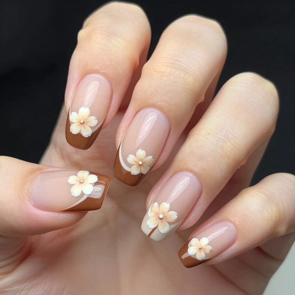 Brown Floral French Tip