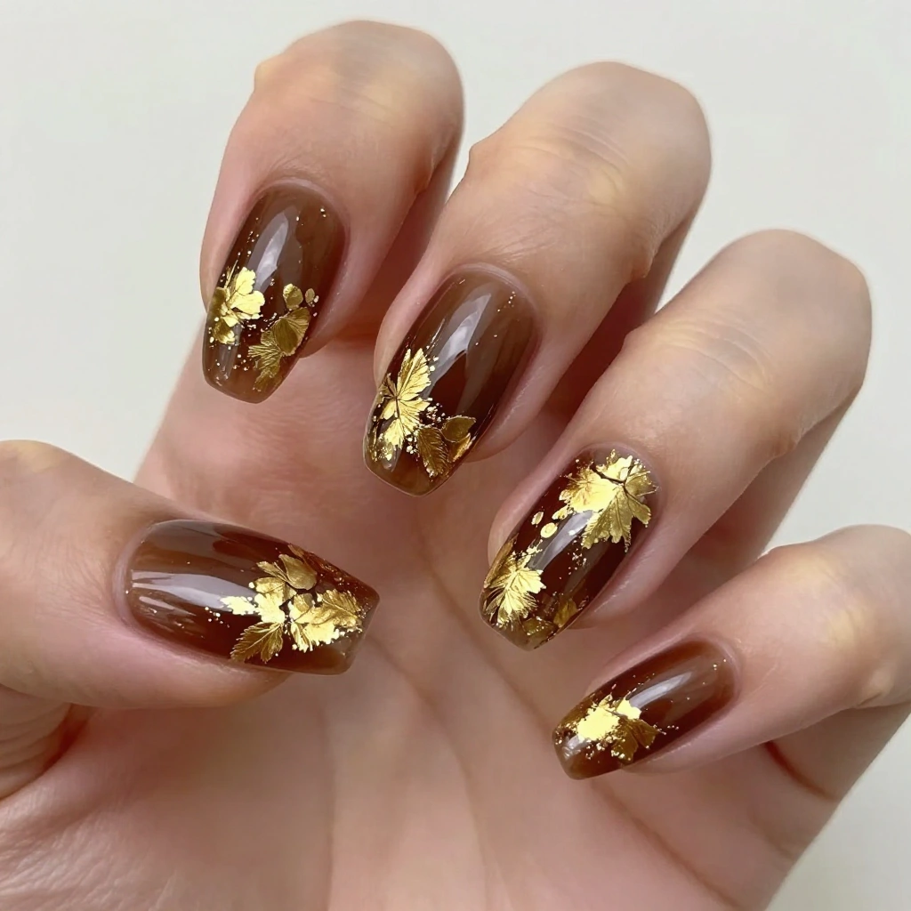 Brown Gold Leaf Art Nails
