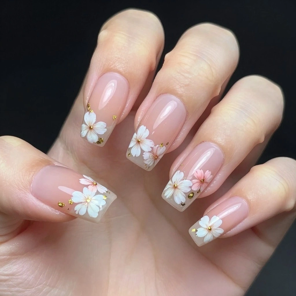 Bubble Bath Nails With Delicate Hand-Painted Flowers