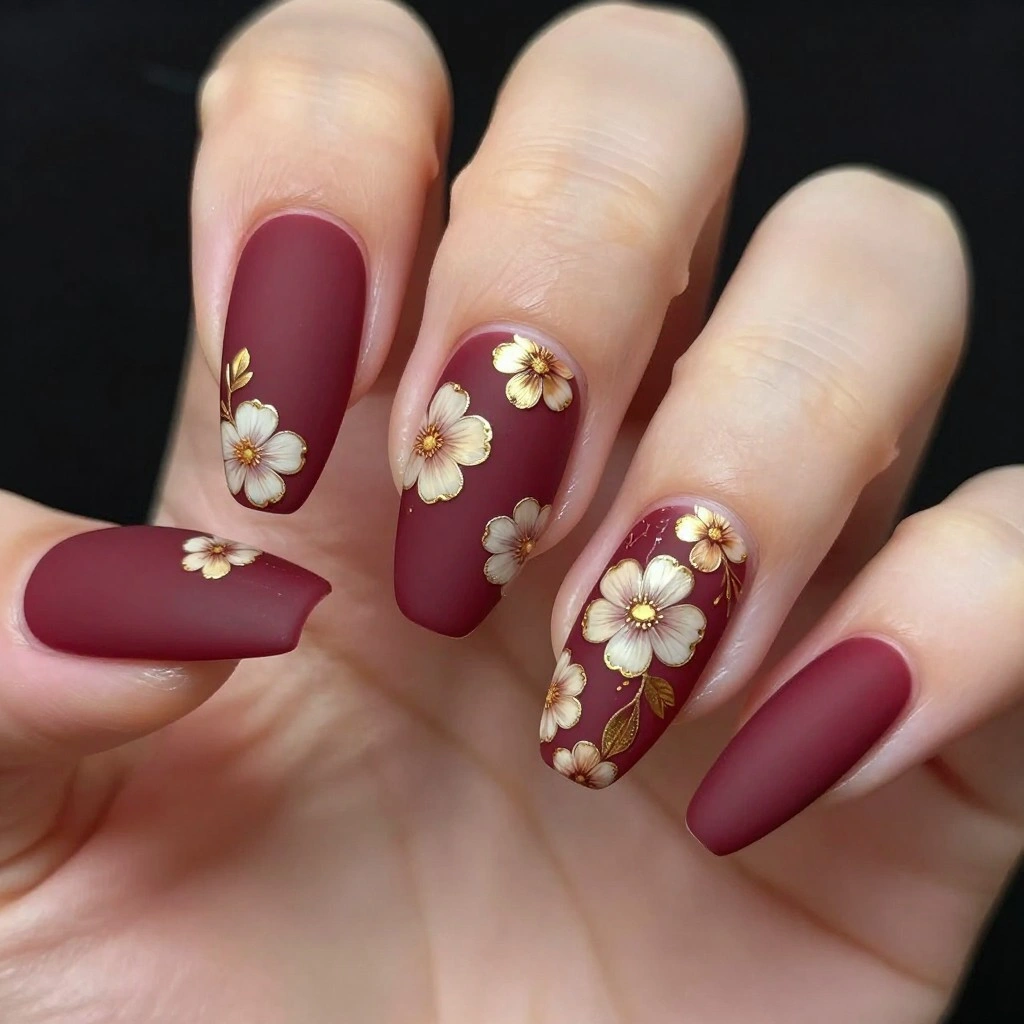 Burgundy Floral Hand-Painted Nails