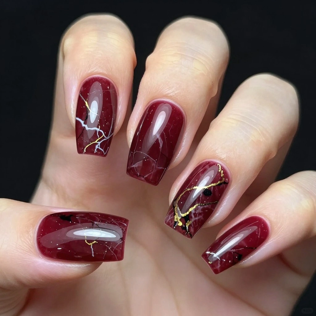 Burgundy Marble Acrylic Nails