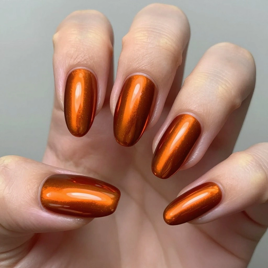 Burnt Orange Chrome Almond Nails