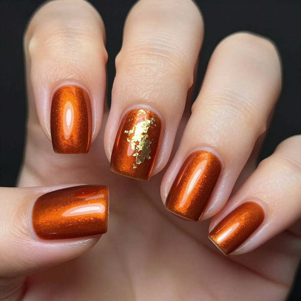 Burnt Orange Chrome Short Nails
Short square nails coated in a deep burnt orange chrome polish with a mirror-like metallic finish. The chrome catches the light with warm copper and bronze undertones. One accent nail features a fine gold leaf foil fragment pressed into the center for extra shine. Glossy topcoat seals the look for a smooth, reflective surface.