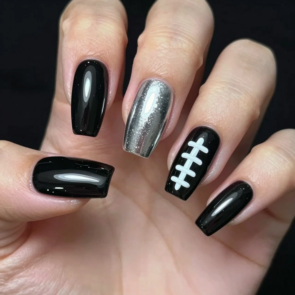 Chrome Football Lace Accent Nail Design