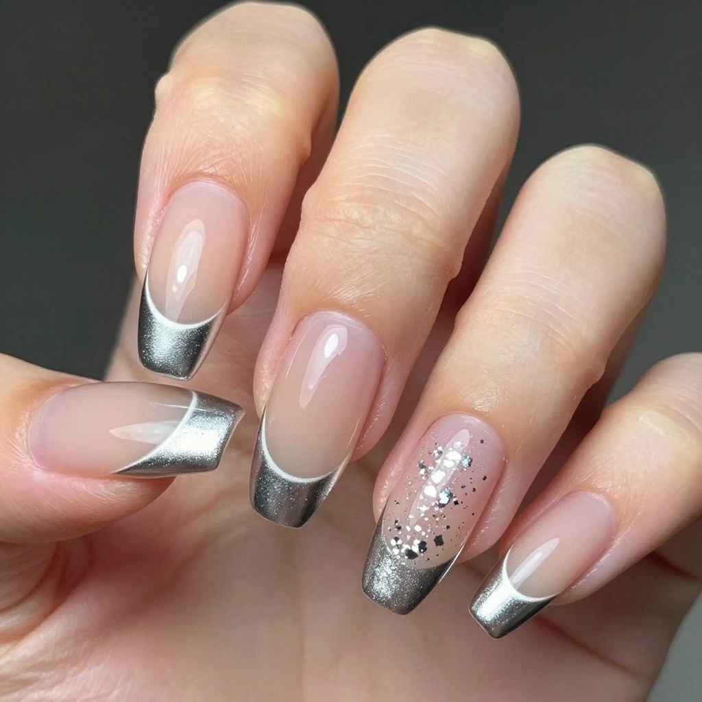 Chrome Silver French Tip Coffin Nails