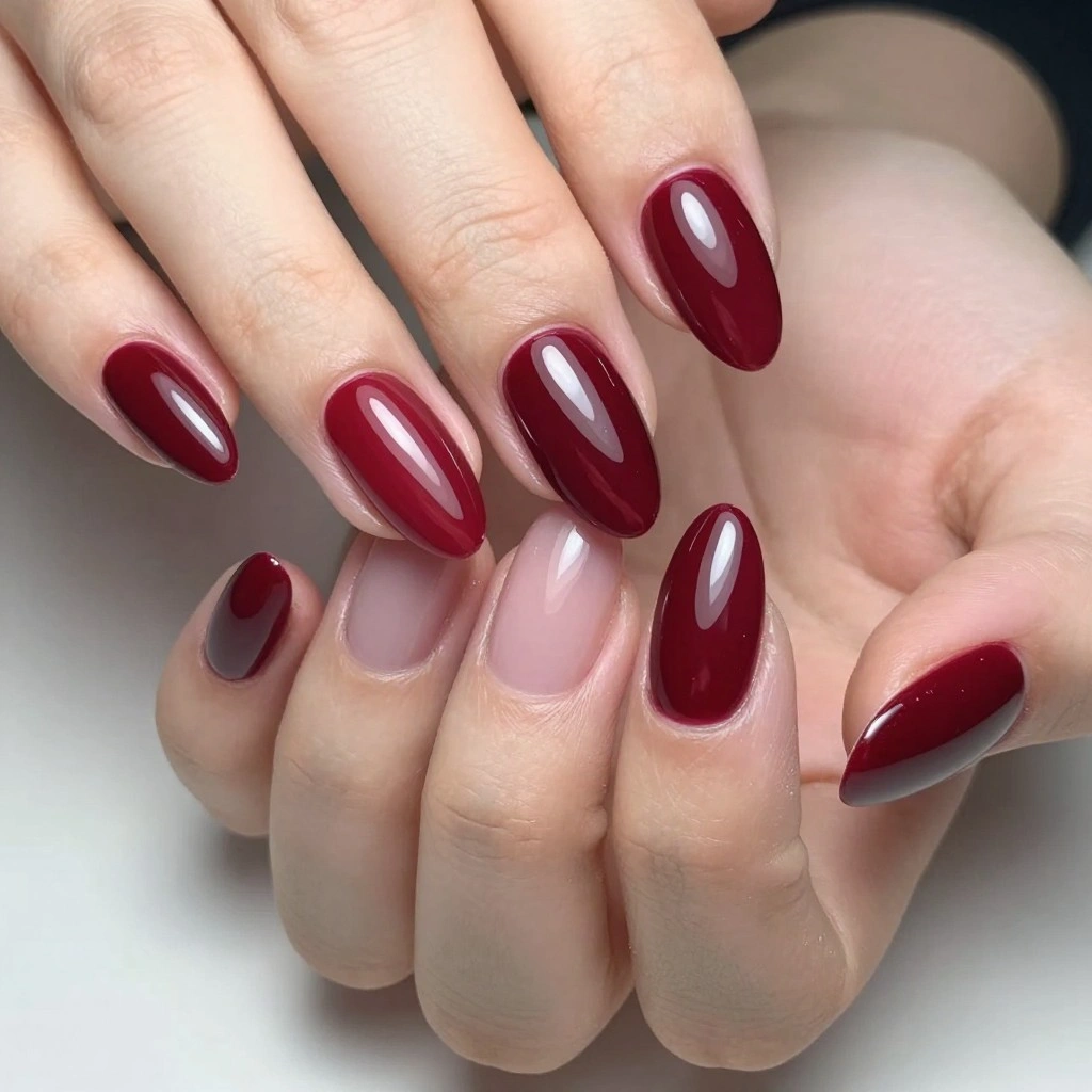 Classic Dark Red Glossy Almond Nails